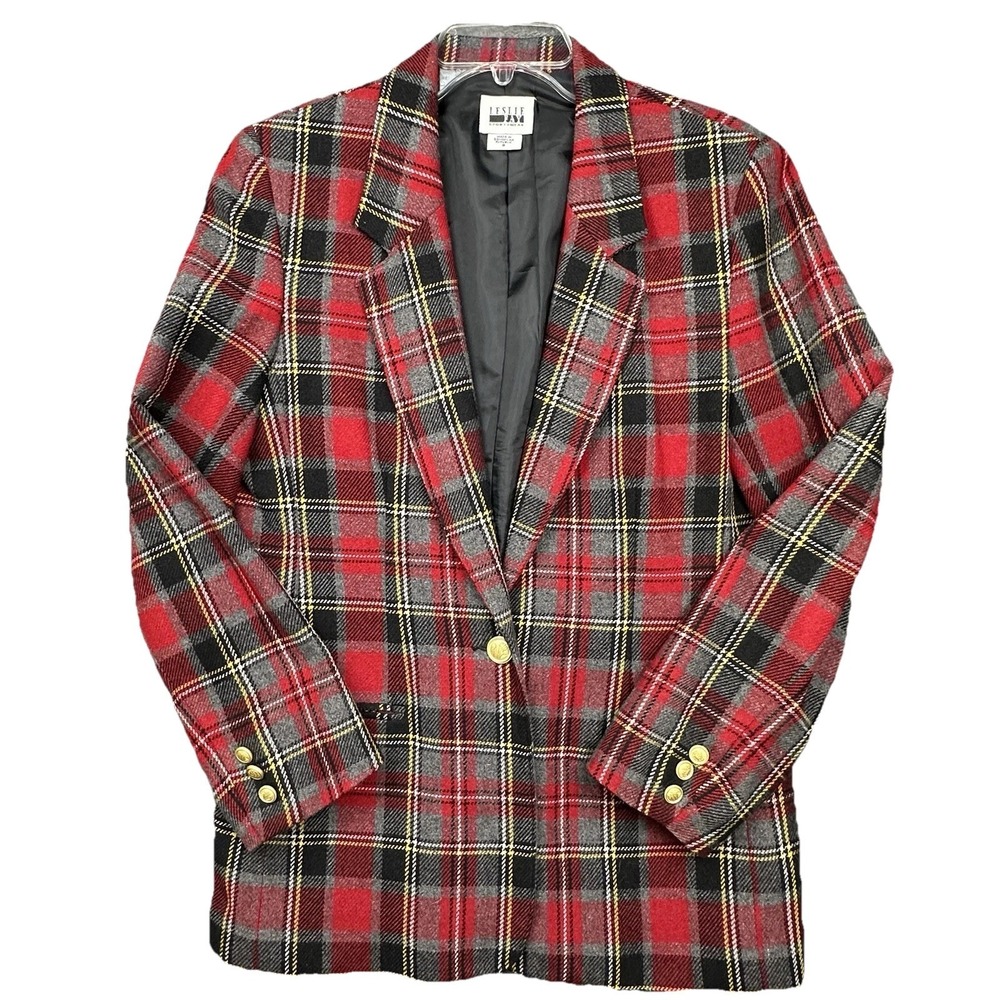 VTG Leslie Fay Sportswear Blazer Size‎ 8 Wool Blend Red Plaid Tartan Gold Button